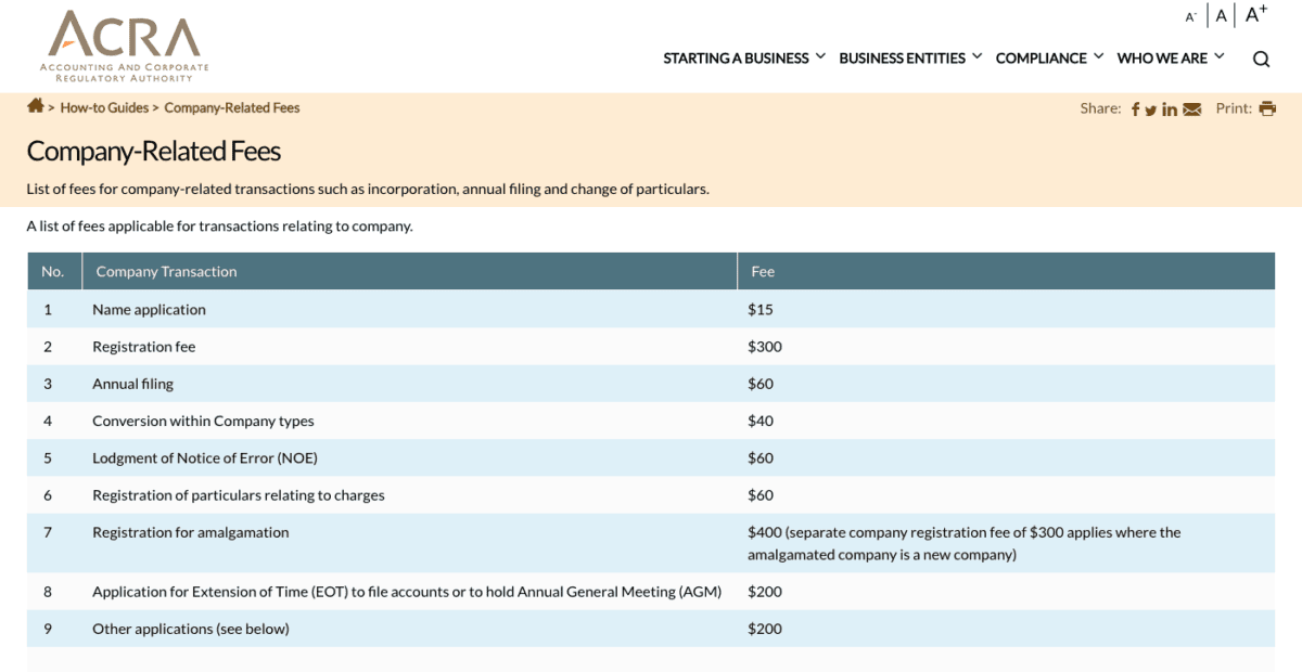 Acra compliance fees for businesses registered in singapore corpxervices